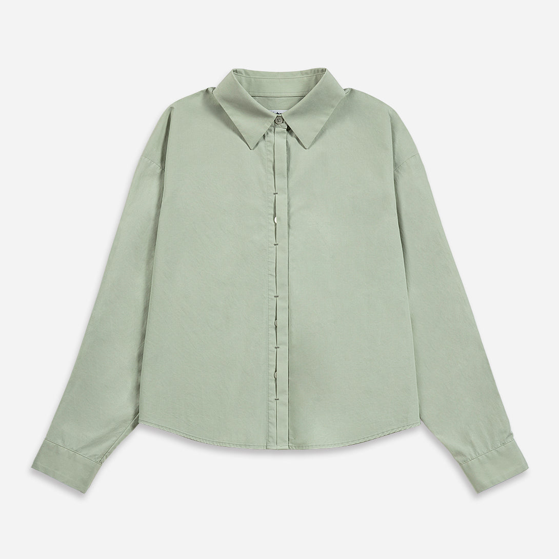 Mineral Grey Crop Boxy Shirt Womens Button Up Cotton Casual Shirt Long Sleeve Dress Shirt Collared Cropped