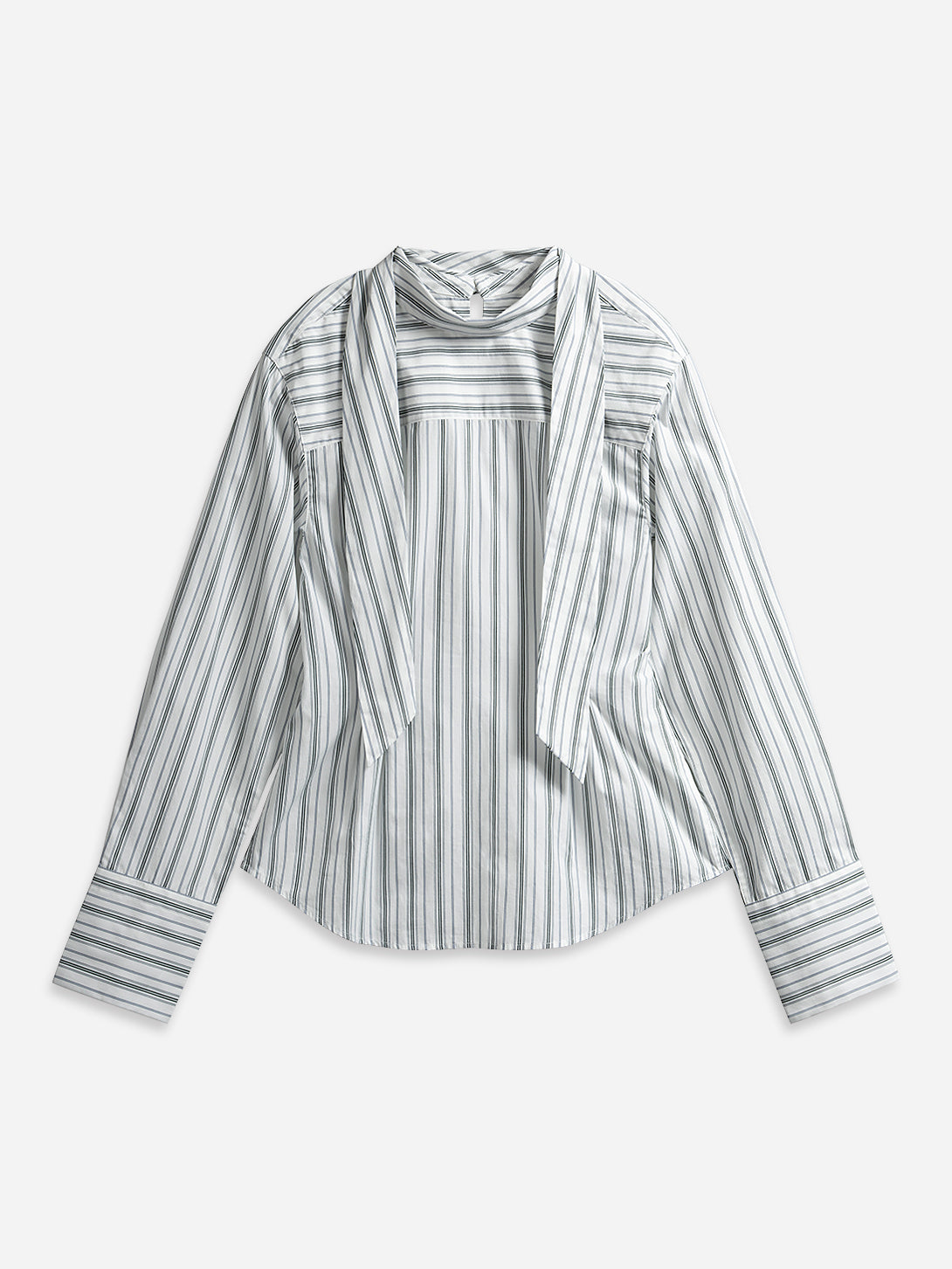 Offwhite/ Icelandic Purple Stripe Striped Scarf-Detailed Top Womens Striped Relaxed Fitting Oversized Shirt Woven Pullover Shirt Scarf Feature