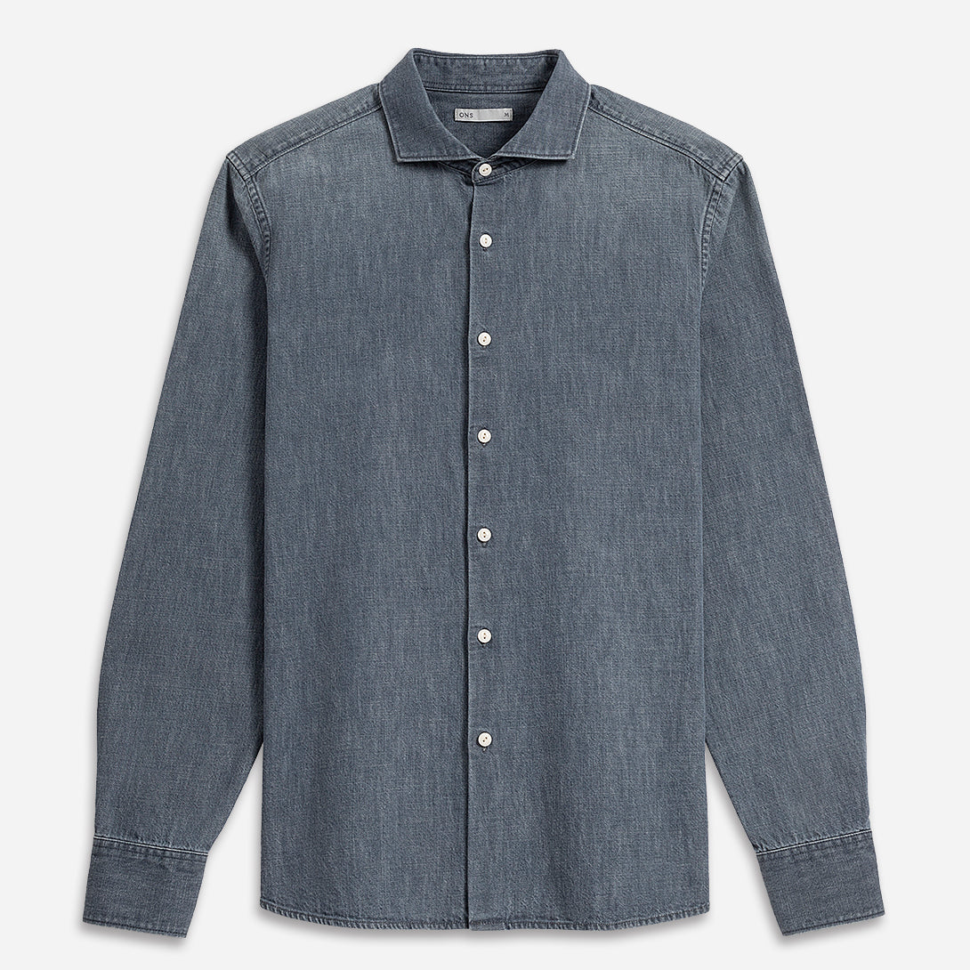 Mid Indigo Arthur Denim Shirt Mens Denim Cutaway Collar Button Up Shirt Faded Denim Durable Denim Shirt Casual Button Up