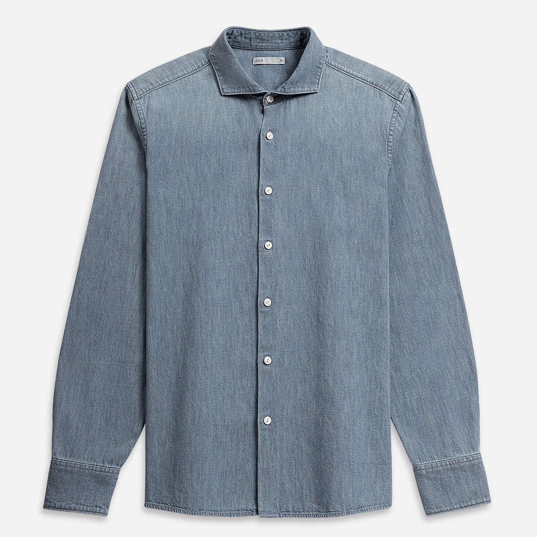 Lt Indigo Arthur Denim Shirt Mens Denim Cutaway Collar Button Up Shirt Faded Denim Durable Denim Shirt Casual Button Up