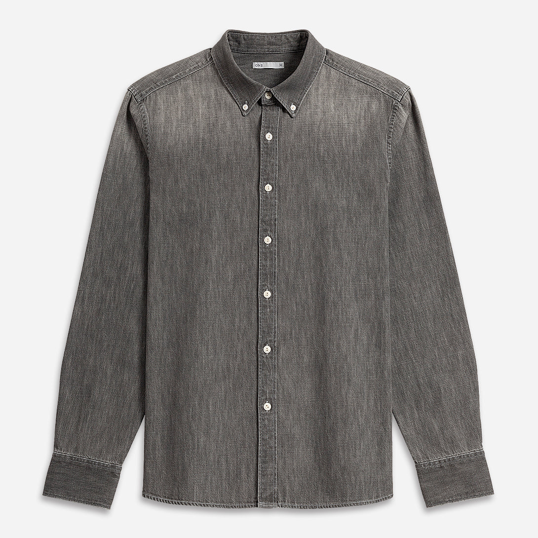 Lt Grey Fulton Denim Shirt Mens Button Down Collar Shirt Faded Grey Denim Casual Work Shirt Long Sleeve