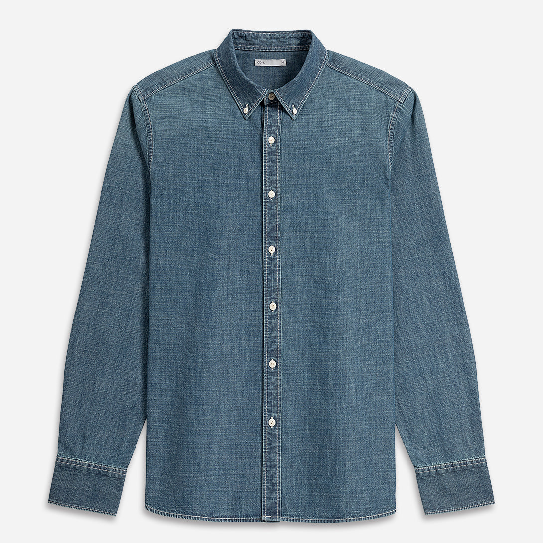 Mid Indigo Fulton Denim Shirt Mens Denim Button Down Shirt Button Down Collar Casual Long Sleeve Shirt Faded Denim Shirt Indigo Denim