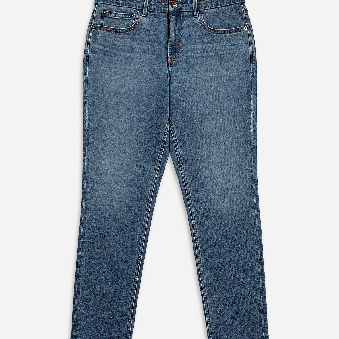 Mid Indigo Houstons Denim Jeans Mens Tapered Denim Jeans Worn Vintage Denim Wash Straight Fit Jeans