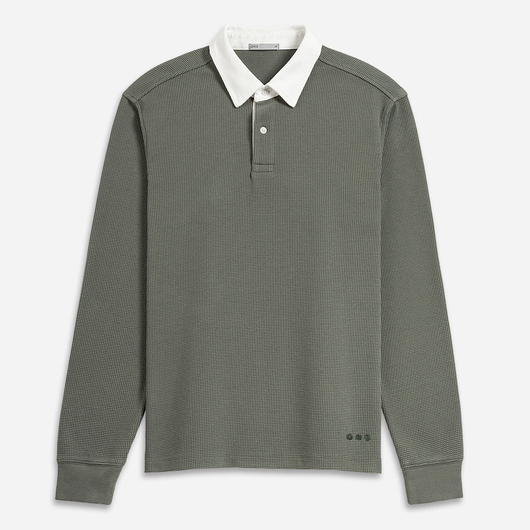 Castor Grey Lind Waffle Rugby Polo Mens Long Sleeve Polo Waffle Fabric Contrast Collar Polo Classic Long Sleeve