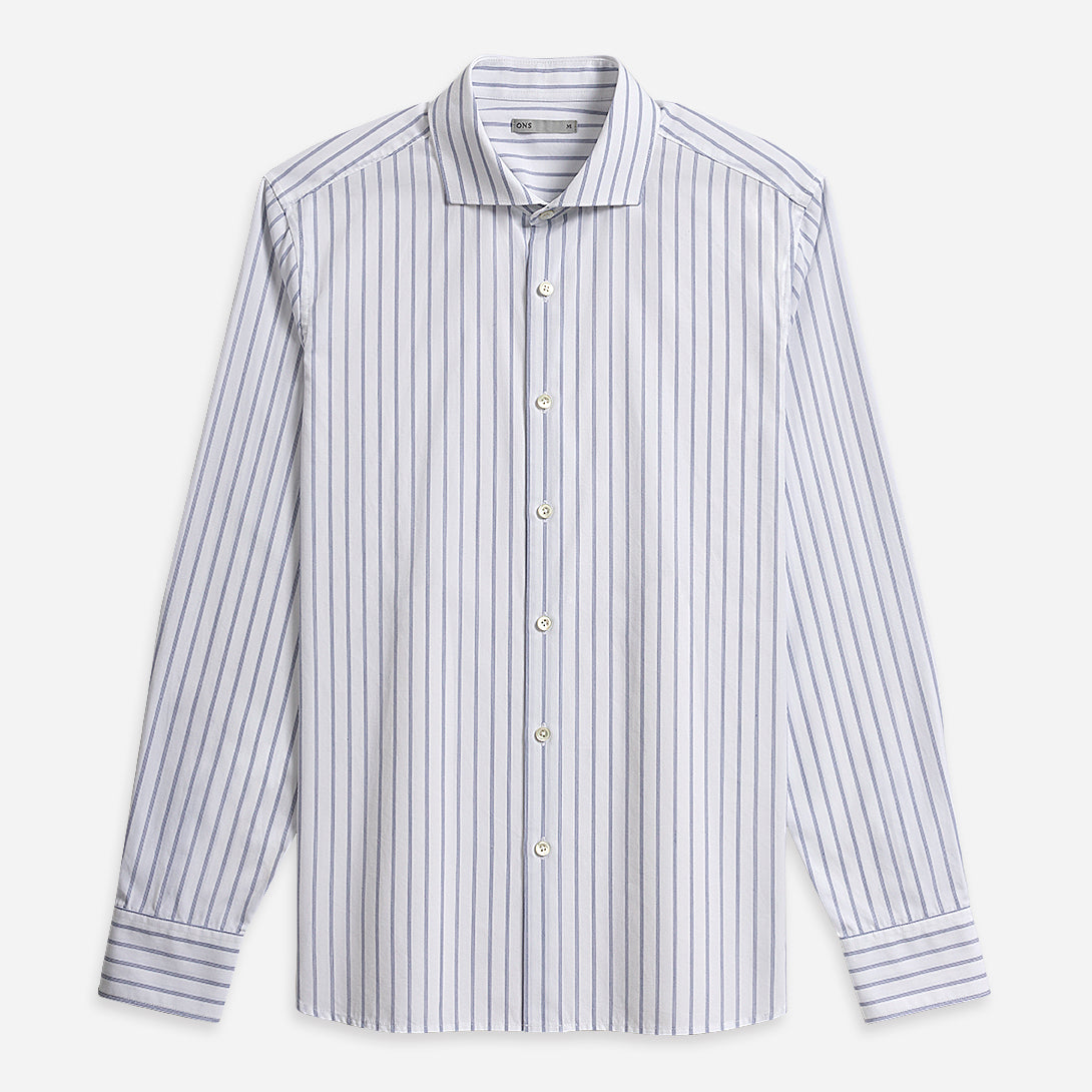 Bright White/Mid Blue Stripe Arthur Track Stripe Shirt Mens Cutaway Collar Shirt Striped Button Up Shirt Work Formal Shirt