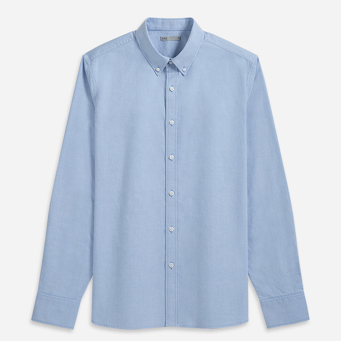 Mid Blue Fulton Oxford Shirt Mens Button Down Collar Shirt Oxford Cotton Fabric Casual Dress Shirt Simple Workwear Long Sleeve Shirting