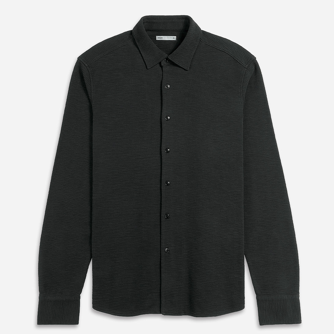 Black Darcy Slub Waffle Shirt Mens Waffle Textured Knit Button Up Shirt Waffle Design Comfort Stretch Shirt Collared