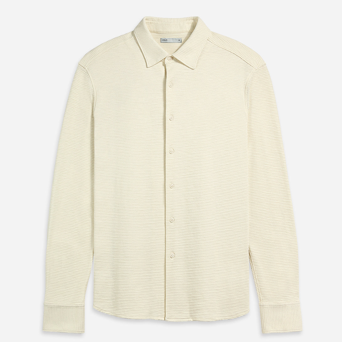 Cream Darcy Slub Waffle Shirt Mens Waffle Textured Knit Button Up Shirt Waffle Design Comfort Stretch Shirt Collared