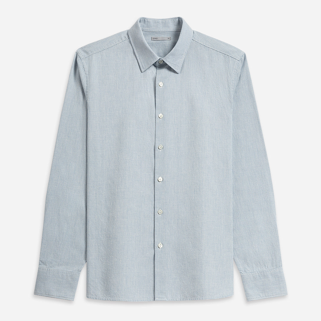 Bright White/Lt Blue Check Arik Mini Check Shirt Mens Point Collar Dress Shirt Soft Fabric Button Up Cotton Long Sleeve Collared Shirt