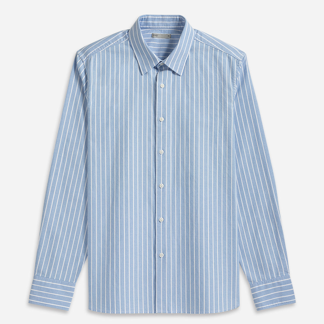 Lt Blue/White Stripe Arik Oxford Stripe Shirt Point Collar White Striped Button Up Shirt Work Dress Shirt Collared Cotton Shirt