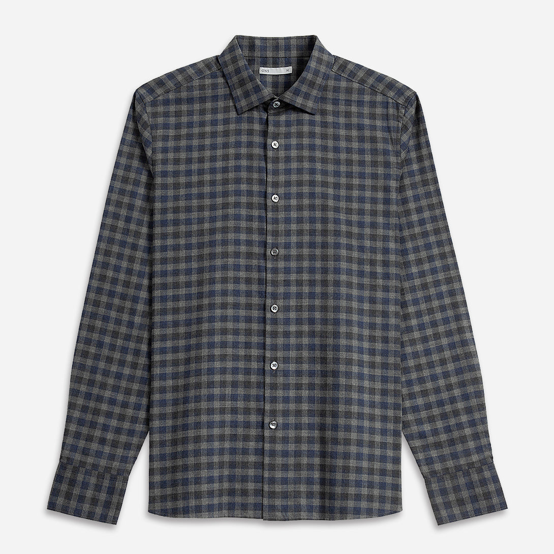 Dk Charcoal Heather/Navy Check Adrian Gingham Check Shirt Mens Spread Collar Button Up Shirt Heather Fabric Soft Feel Checkered Pattern Shirt