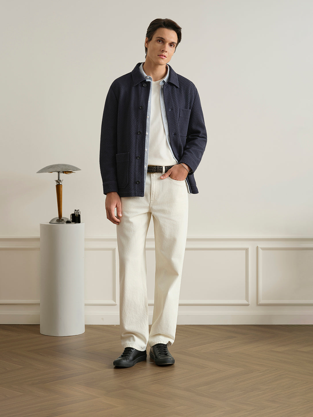 Navy Remi Rattan Texture Jacket Mens Layering Light Jacket Collared Button Up ONS Clothing