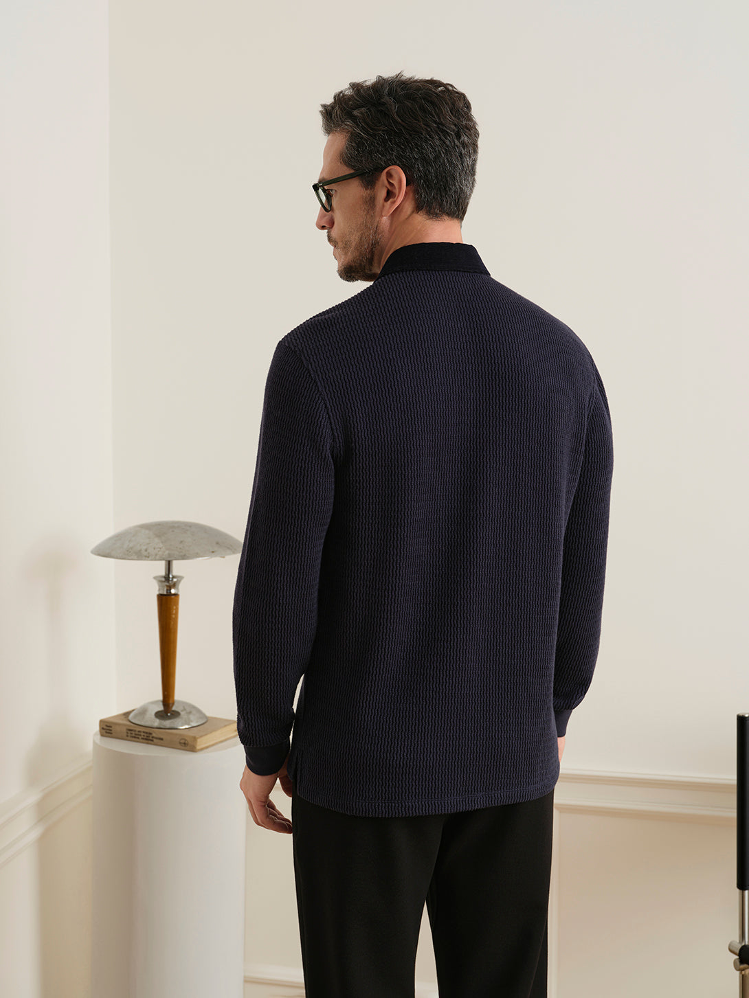 Navy Lind Jacquard Rugby Polo Mens Long Sleeve Rugby Polo Shirt ONS Clothing