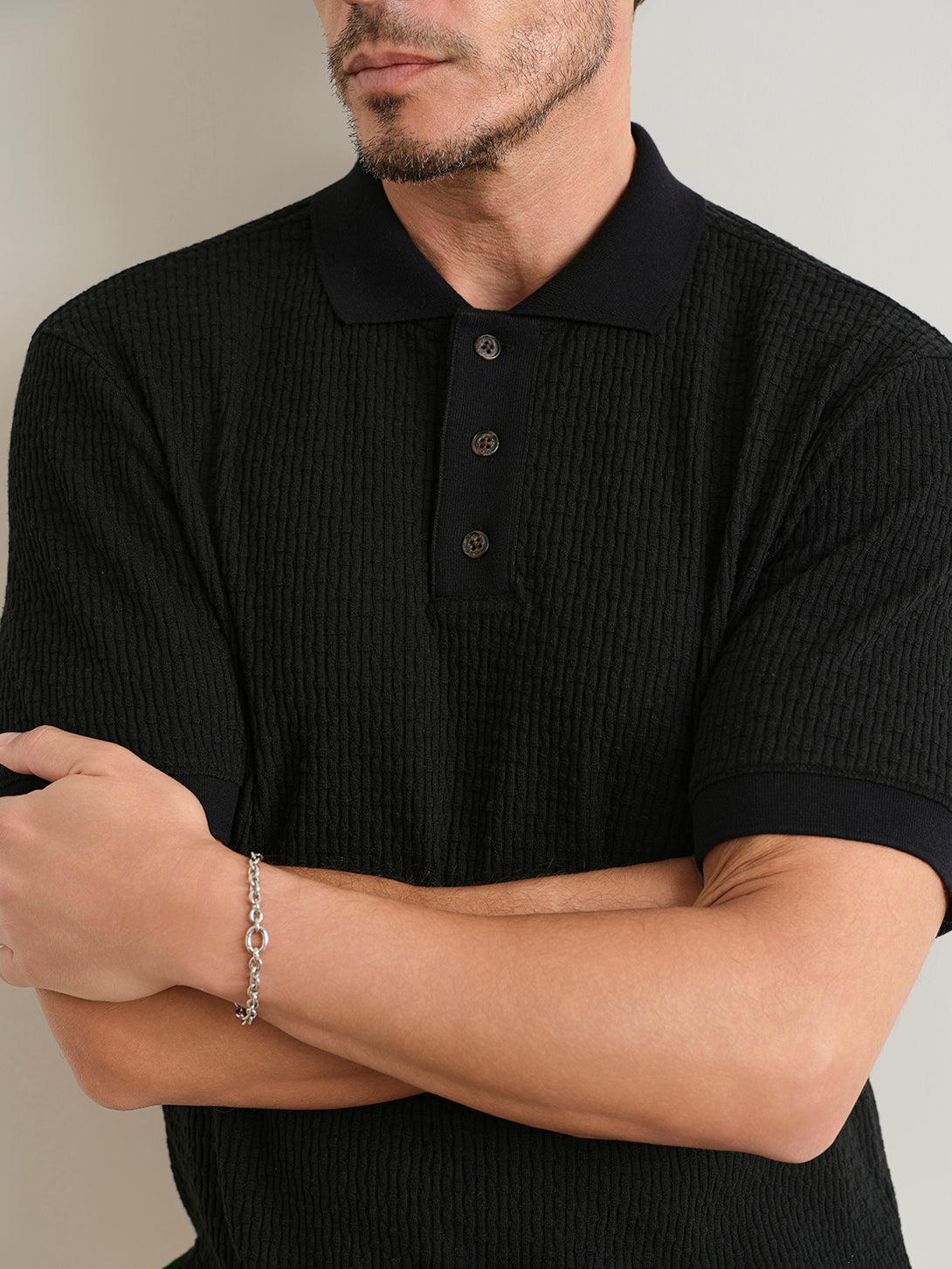 Black Lind Tuck Stitch Polo mens Knit Short Sleeve Polo Shirt ONS Clothing