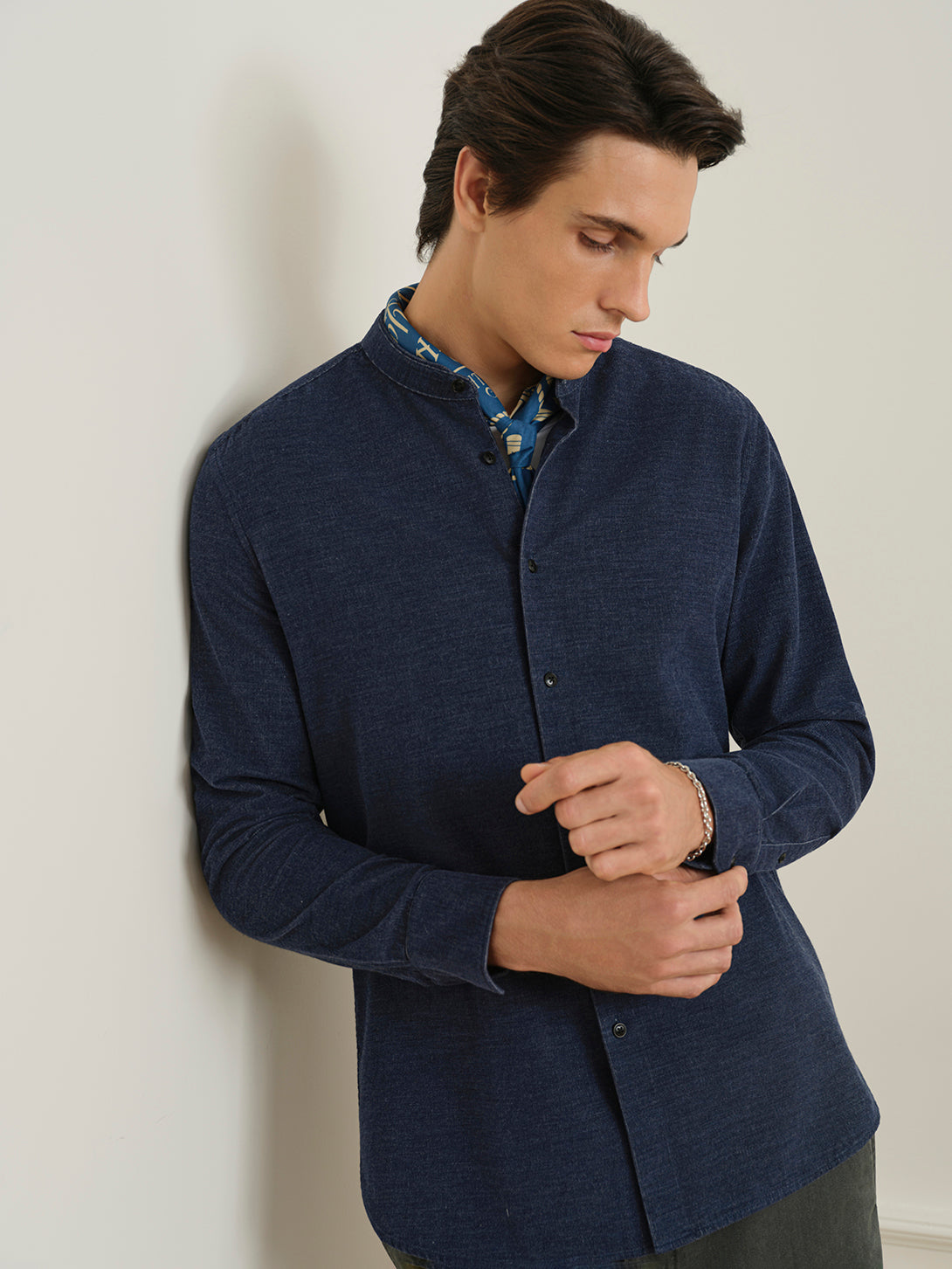 Navy Heather Aleks Heather Corduroy Shirt Mens Band Collar Woven Button Up Shirt ONS Clothing