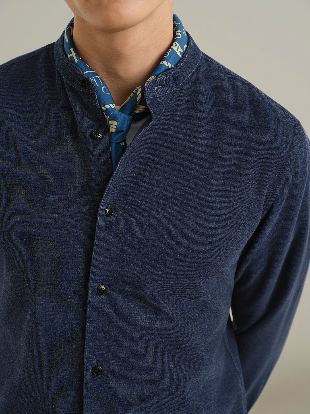 Navy Heather Aleks Heather Corduroy Shirt Mens Band Collar Woven Button Up Shirt ONS Clothing