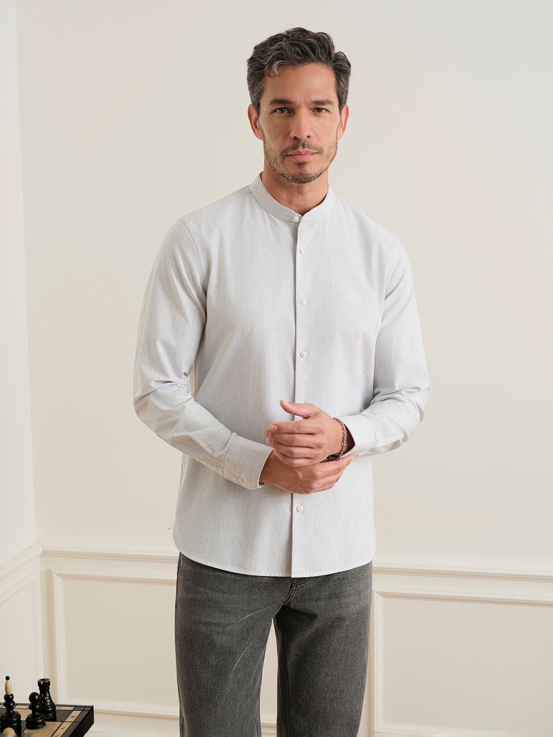 Lt Grey Heather Aleks Heather Oxford Shirt Mens Oxford Cotton Band Collar Woven Shirt ONS Clothing