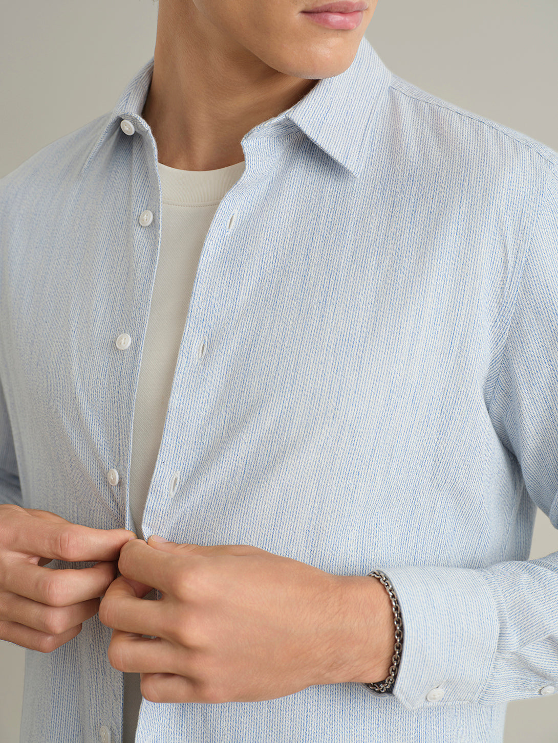 Lt Blue/White Stripe Arik Mouline Striple Shirt Mens Point Collar Woven Shirt ONS Clothing