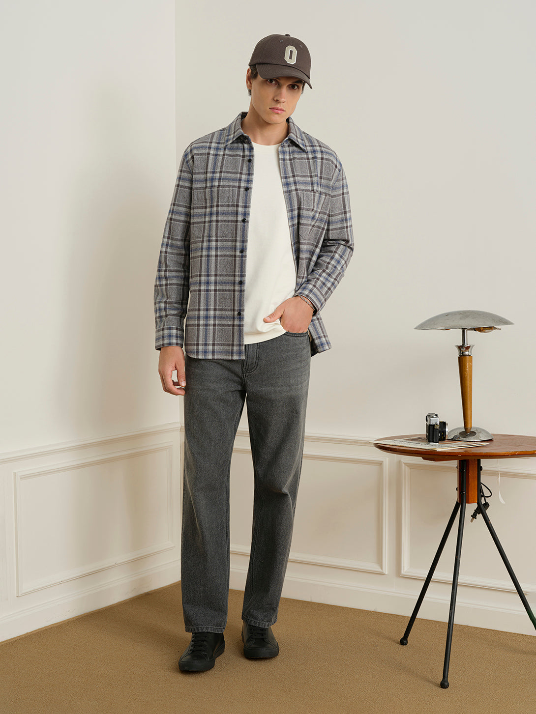 Charcoal/Dk Blue Check Varick Plaid Flannel Overshirt Mens Checkered Woven Button Up Shirt ONS Clothing