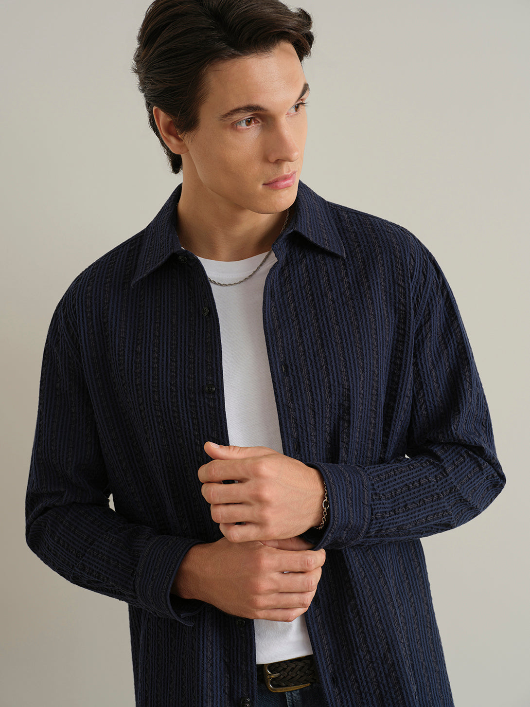 Dk Navy/Blue Stripe Varick Seersucker Stripe Overshirt Mens Spread Collar Seersucker Button Up Shirt ONS Clothing