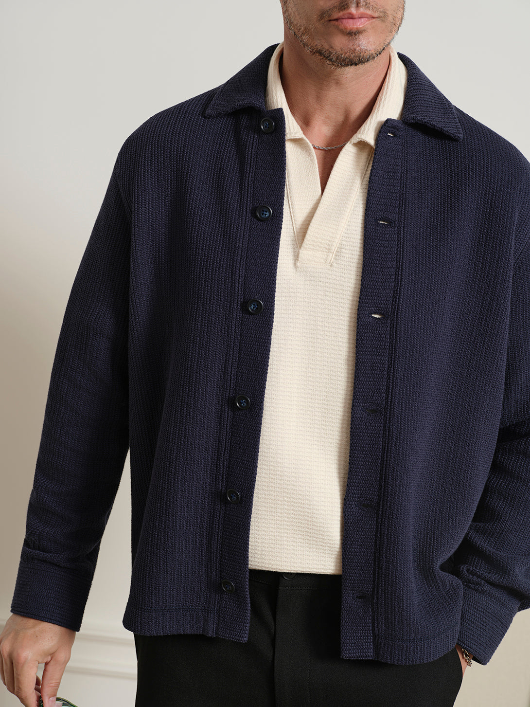 Navy Beacon Crochet Cardigan Mens Knit Button Up Cardigan Shirt ONS Clothing