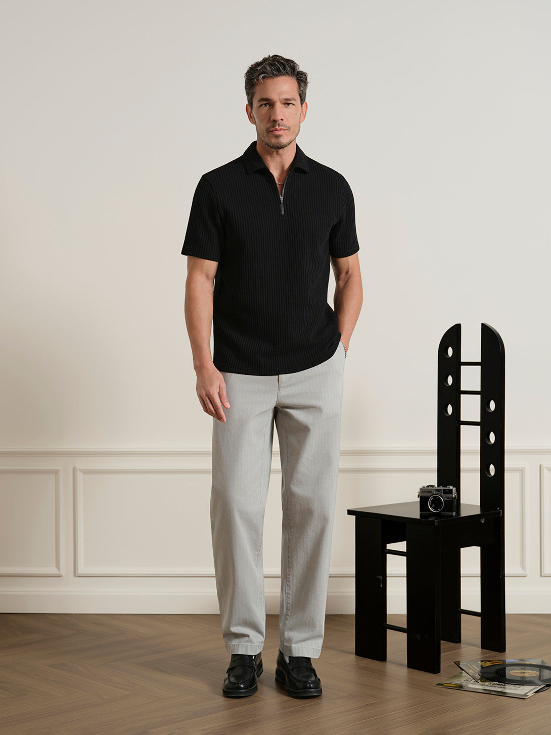 Black Bennett Jacquard Zip Polo Mens Quarter Zip Short Sleeve Polo Shirt Knit ONS Clothing