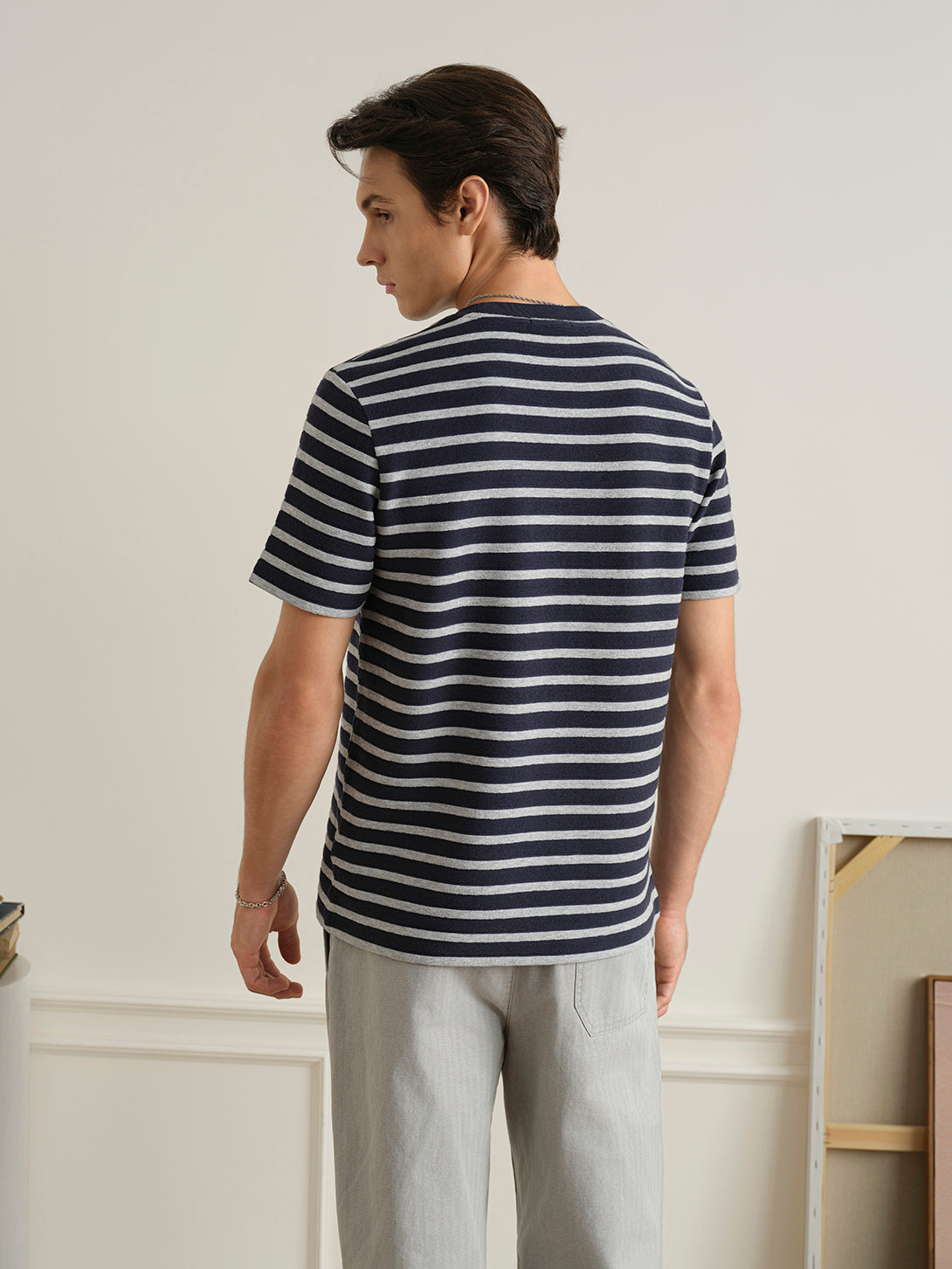 Navy/Grey Heather Stripe Alphabet Sculpted Stripe Tee Mens Crewneck T Shirt Heather Cotton Short Sleeve ONS Clothing