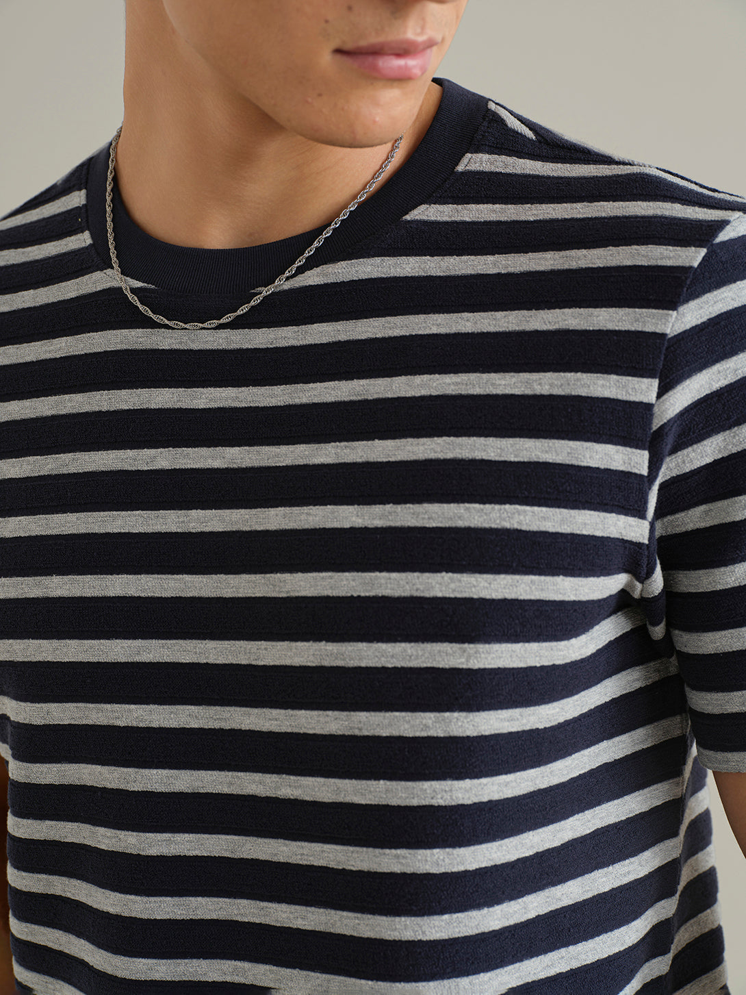Navy/Grey Heather Stripe Alphabet Sculpted Stripe Tee Mens Crewneck T Shirt Heather Cotton Short Sleeve ONS Clothing