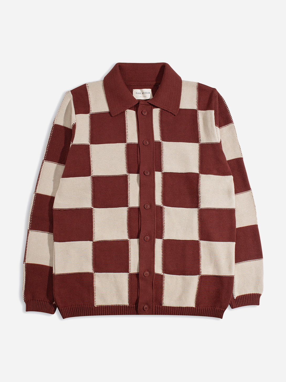 Red / Sand Velzy Knitted LS Shirt - Square Patchwork Mens Square Patchwork Pattern Knit Long Sleeve Shirt Far Afield