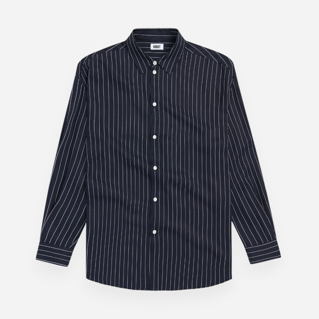 Dark Navy Long Pinstripe Shirt Mens Woven Button Up Shirt Krost