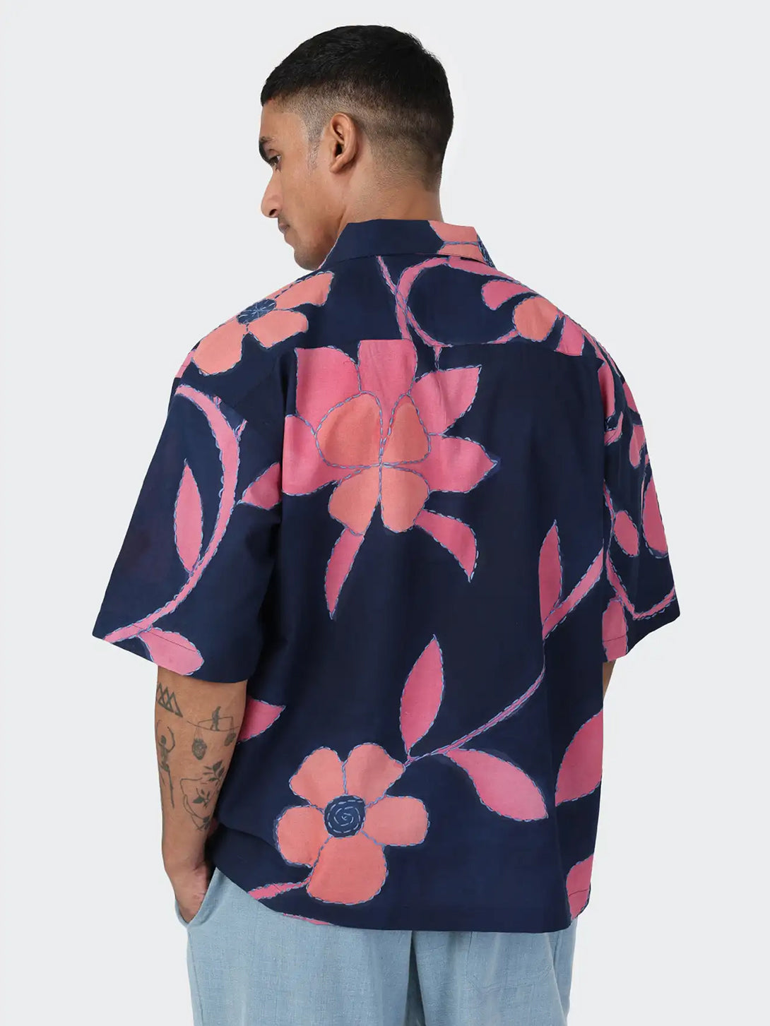 HPKSS2601NAVY Rohit Mens Pattern Camp Colalr Woven Shirt Kardo