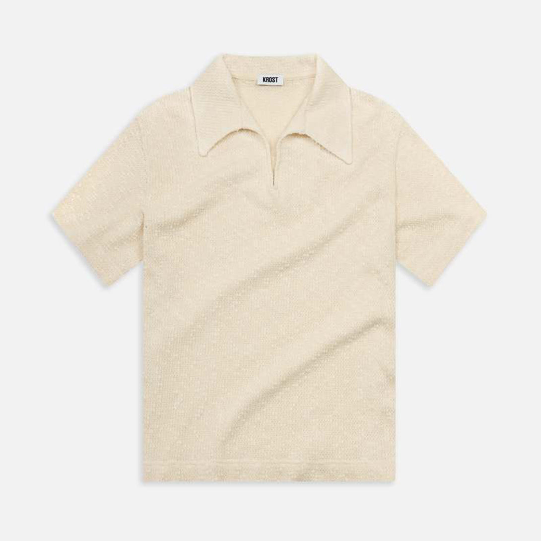 White Textured Cotton Knit Polo Mens Open Collar Polo Knit Short Sleeve Polo Krost Clothing