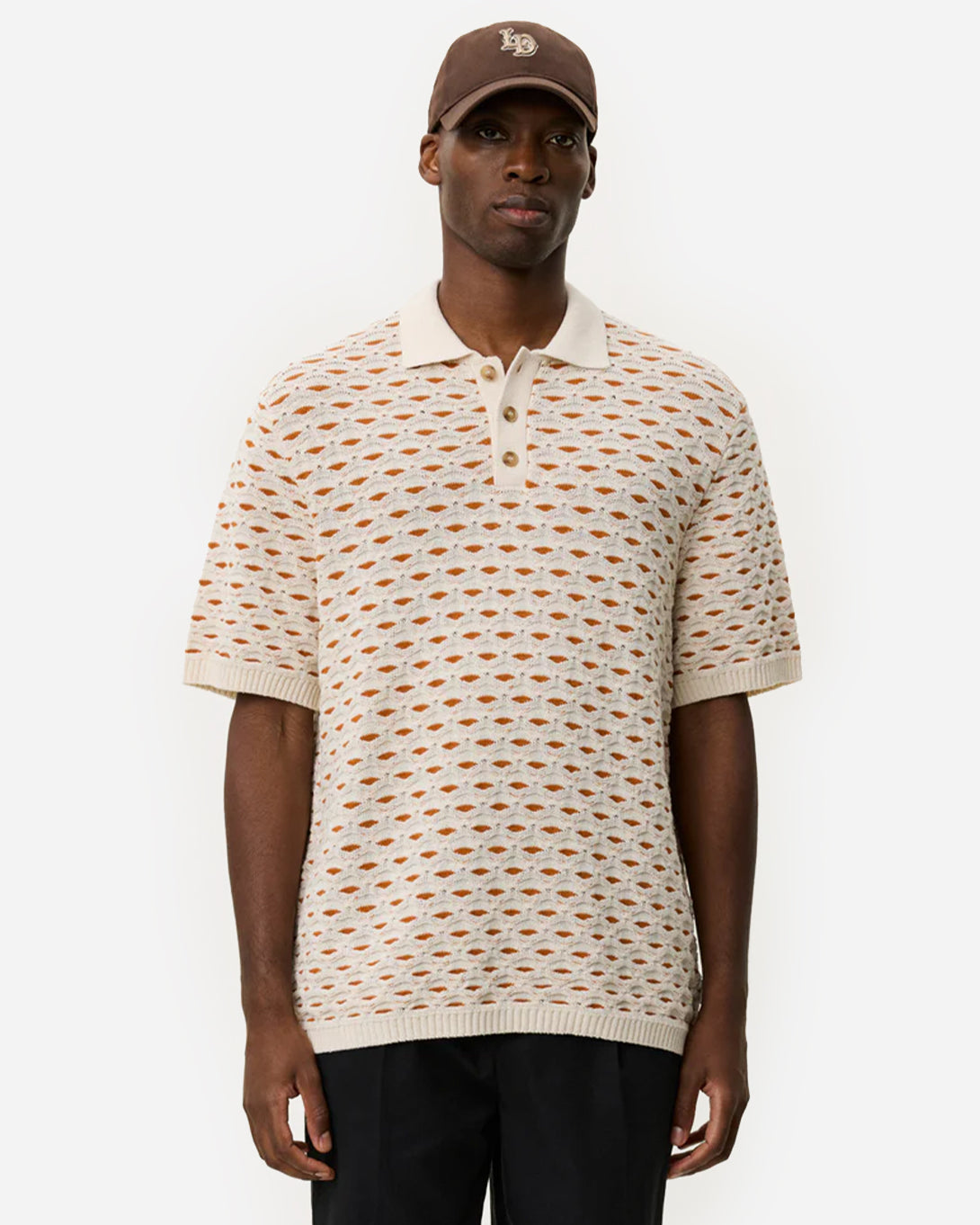 Eggnog White Esmay Shell Knitted Polo Mens Short Sleeve Collar Knitted Polo Les Deux Mens