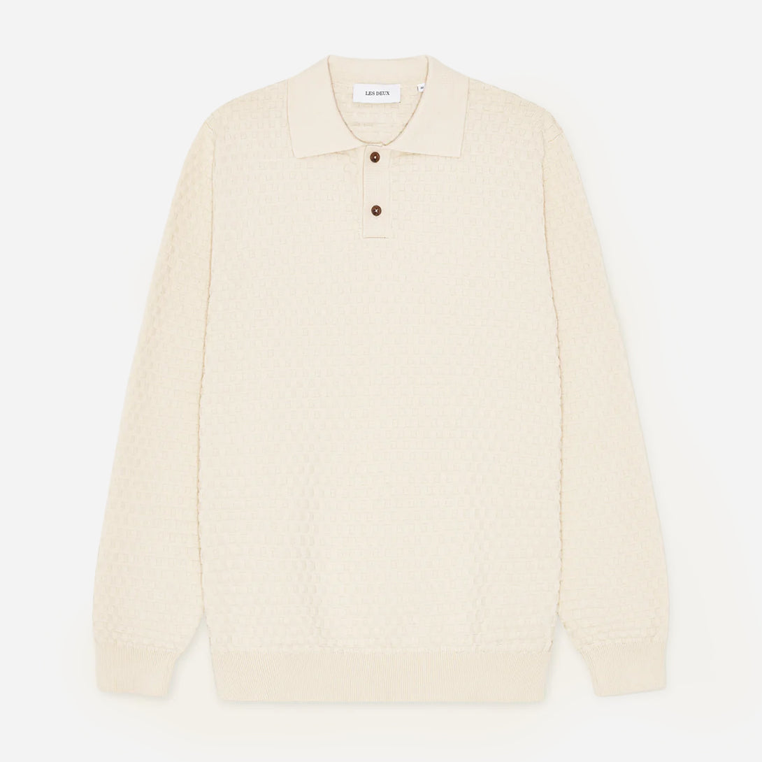 Light Ivory Billy Weave Knitted LS Polo Mens Les Deux Long Sleeve Knitted Collar Polo