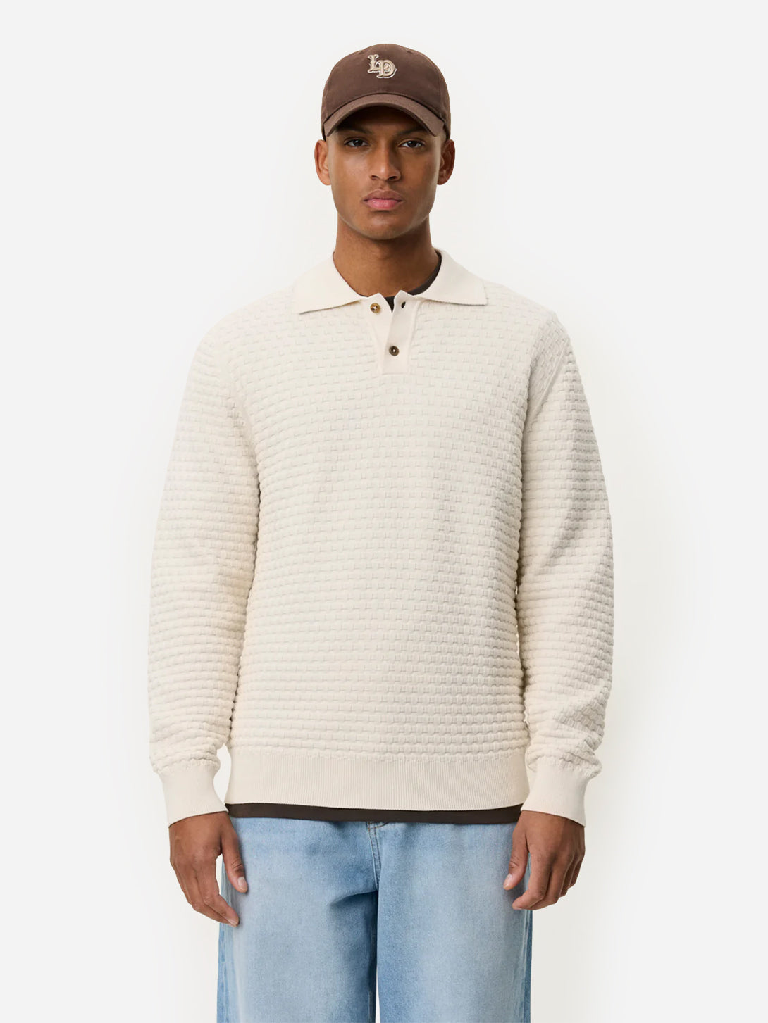 Light Ivory Billy Weave Knitted LS Polo Mens Les Deux Long Sleeve Knitted Collar Polo