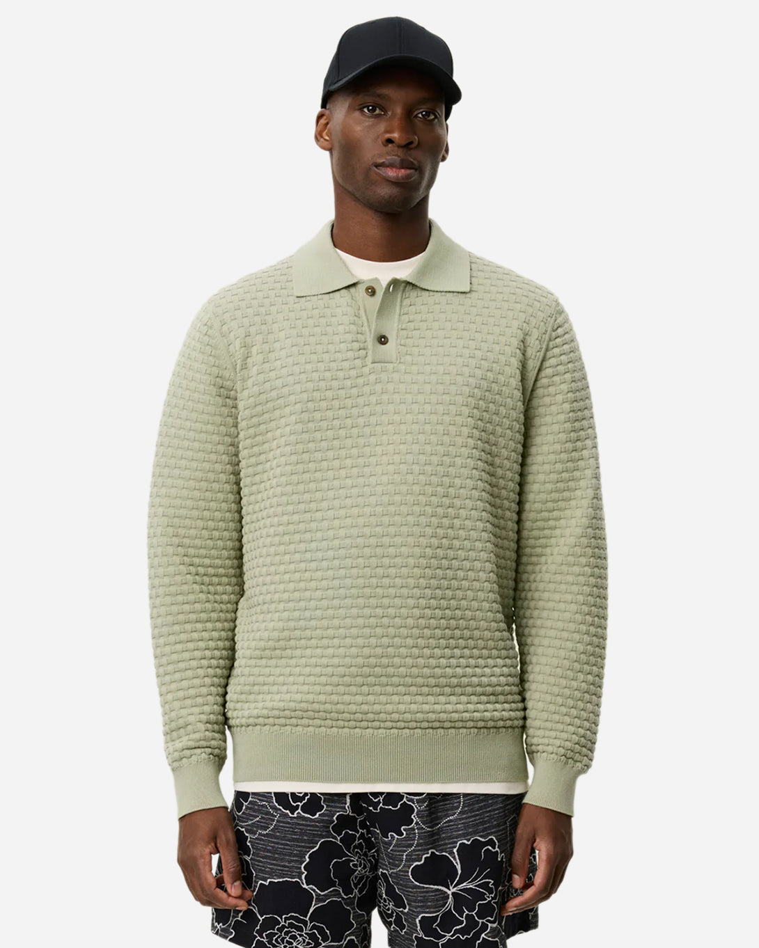 Tea Green Billy Weave Knitted LS Polo Mens Les Deux Long Sleeve Knitted Collar Polo