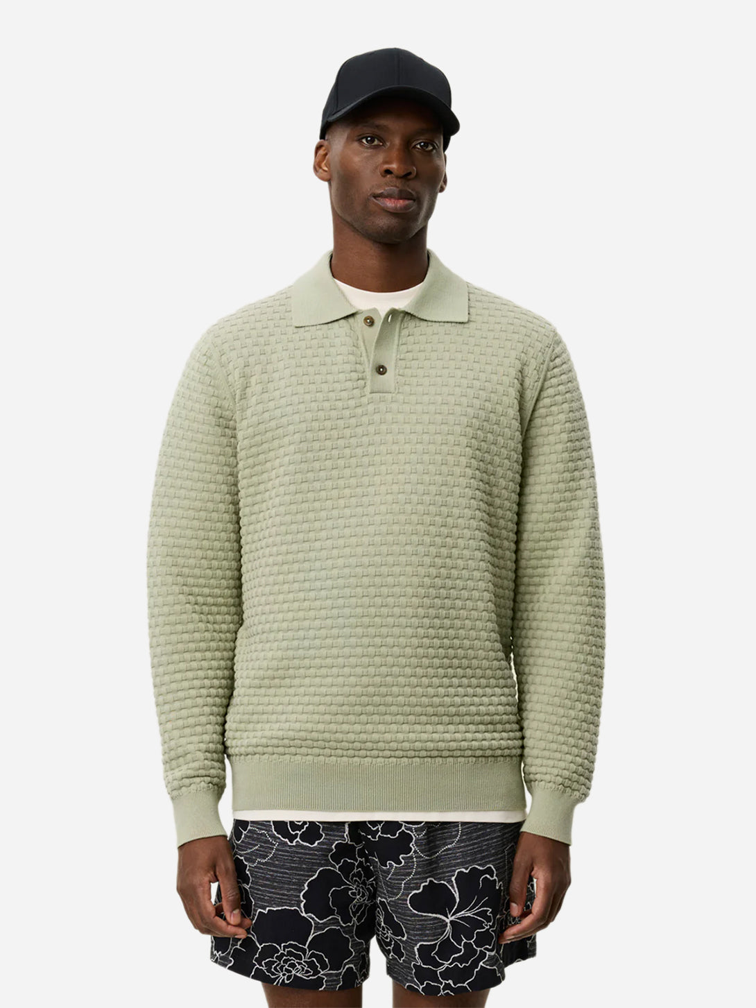 Tea Green Billy Weave Knitted LS Polo Mens Les Deux Long Sleeve Knitted Collar Polo