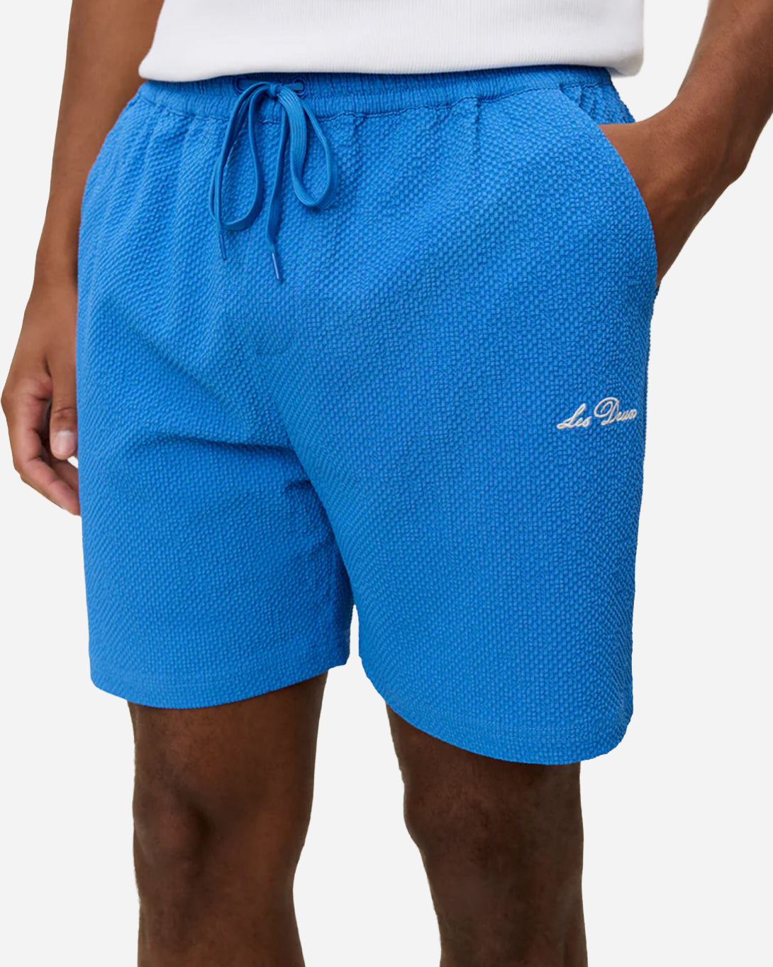 Palace Blue Stan Seersucker Swim Shorts Mens Drawstring Polyester Swim Shorts Les Deux