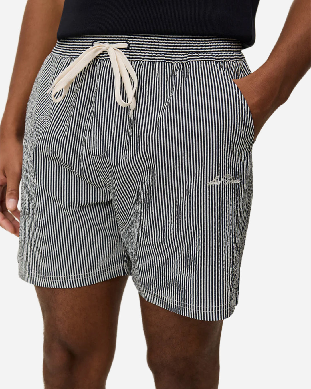 Black Stan Seersucker Swim Shorts Mens Drawstring Polyester Swim Shorts Les Deux