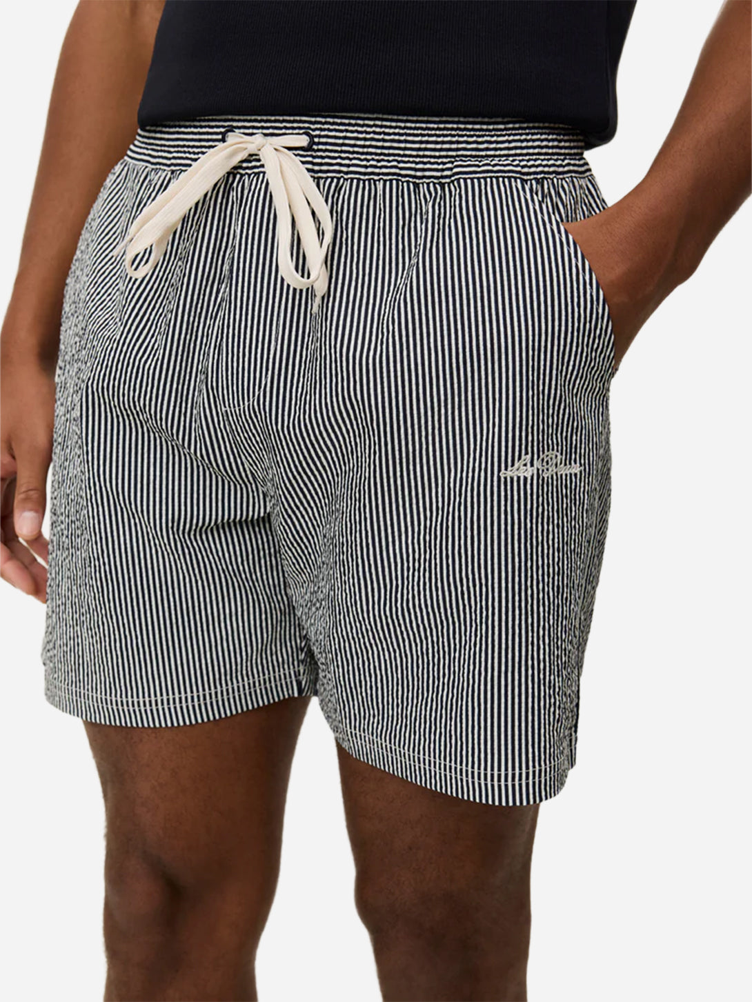 Black Stan Seersucker Swim Shorts Mens Drawstring Polyester Swim Shorts Les Deux