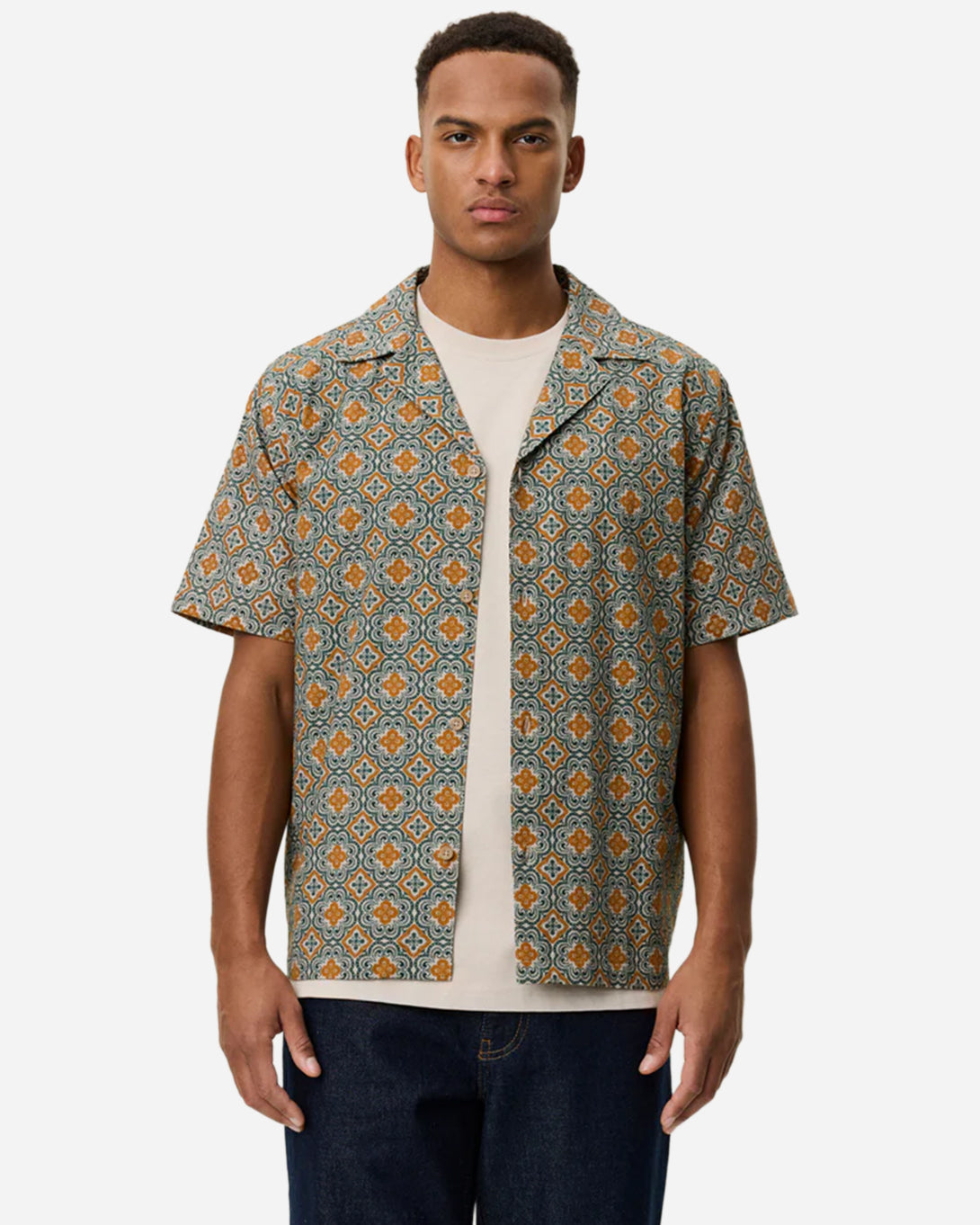 Sea Moss Green Lukas Arabesque AOP SS Shirt Mens Printed Camp Collar Short Sleeve Shirt Les Deux Mens