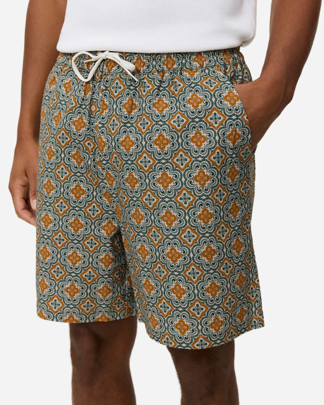 Sea Moss Green Harry Arabesque AOP Shorts Mens Pattern Les Deux Swim Shorts
