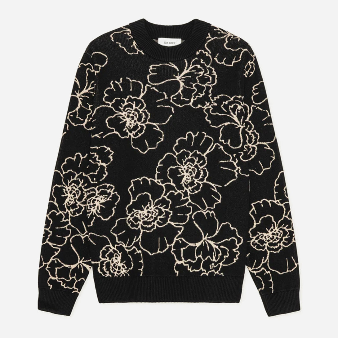 Black Gaston Poppy Jacquard Knit Mens Sweater Pullover Floral Print Les Deux Clothing