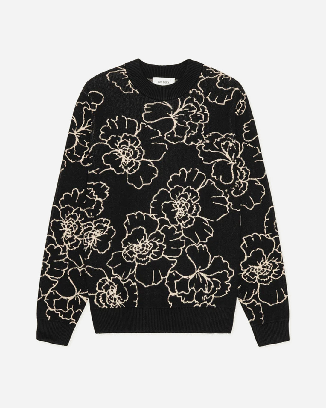 Black Gaston Poppy Jacquard Knit Mens Sweater Pullover Floral Print Les Deux Clothing