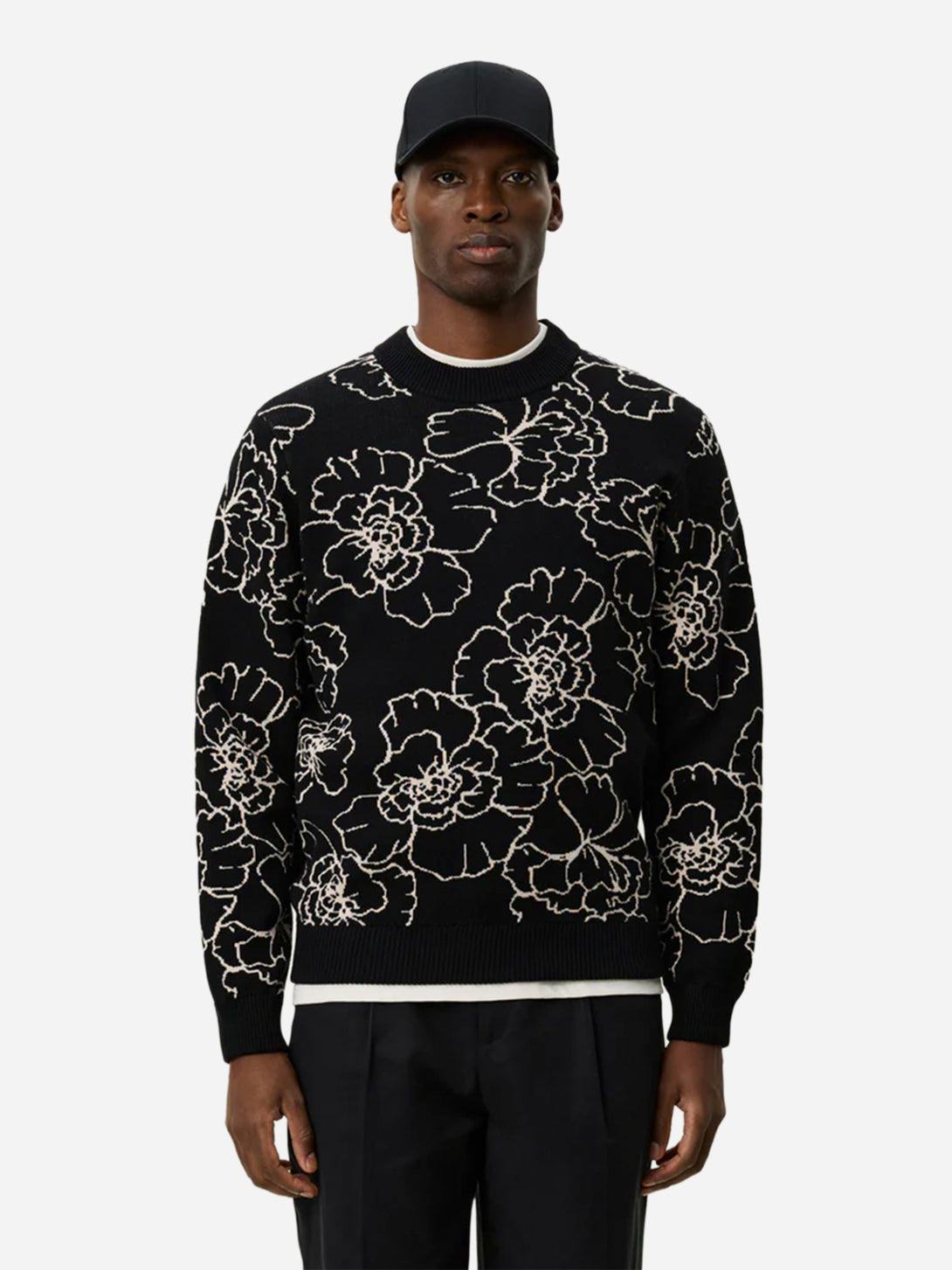 Black Gaston Poppy Jacquard Knit Mens Sweater Pullover Floral Print Les Deux Clothing