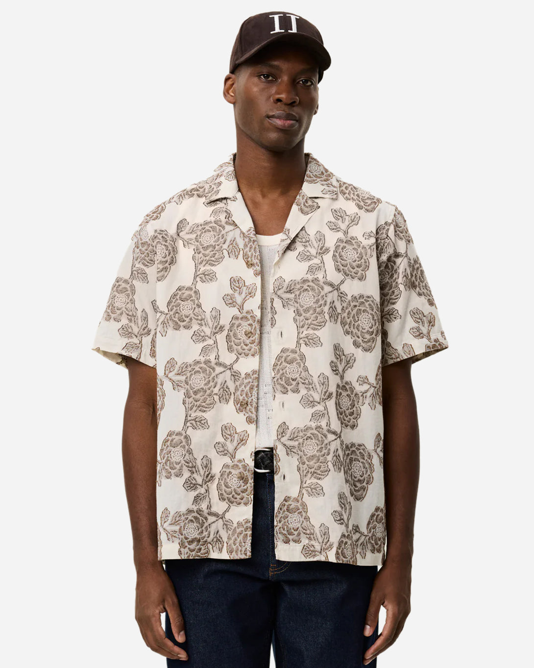 Ivory Lesley Flower Jacquard SS Shirt Les Deux Mens Camp Collar Button Up Shirt