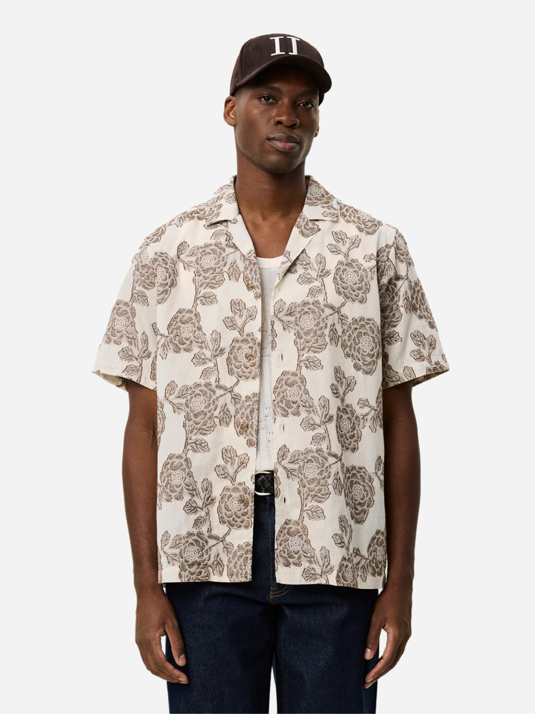 Ivory Lesley Flower Jacquard SS Shirt Les Deux Mens Camp Collar Button Up Shirt