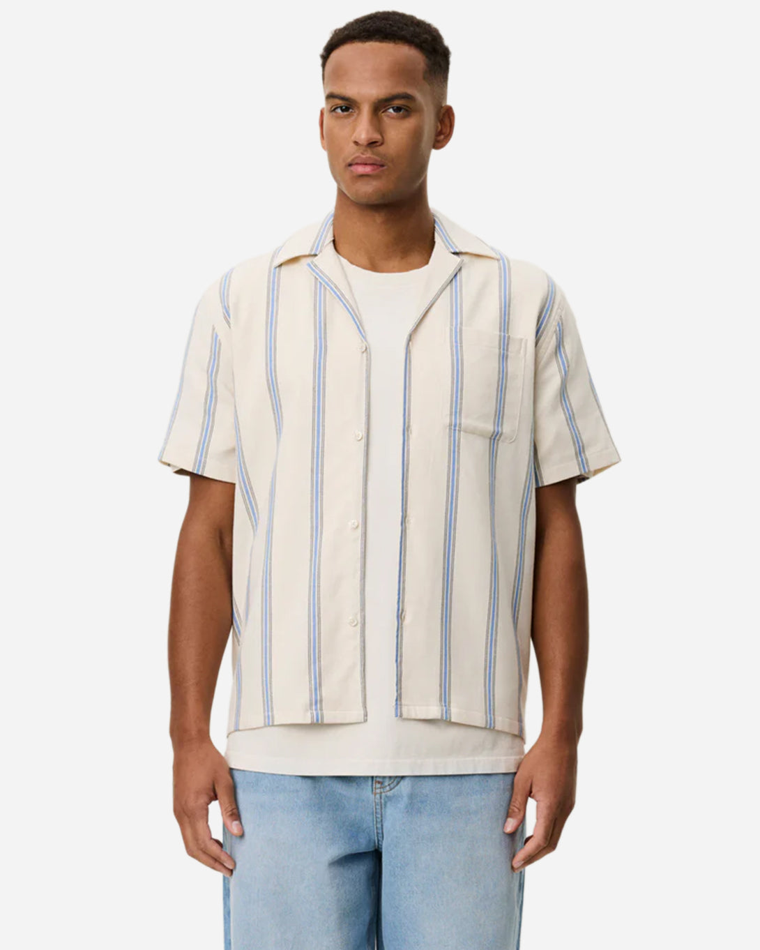 Eggnog White Lawson Stripe SS Shirt Mens Striped Camp Collar Short Sleeve Shirt Les Deux