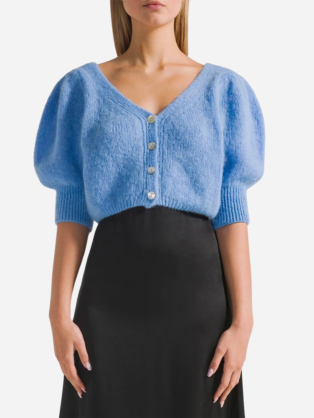 Sky Blue Manda Alpaca Cardigan Womens Cropped American Dreams Wool V Neck Cardigan Sweater