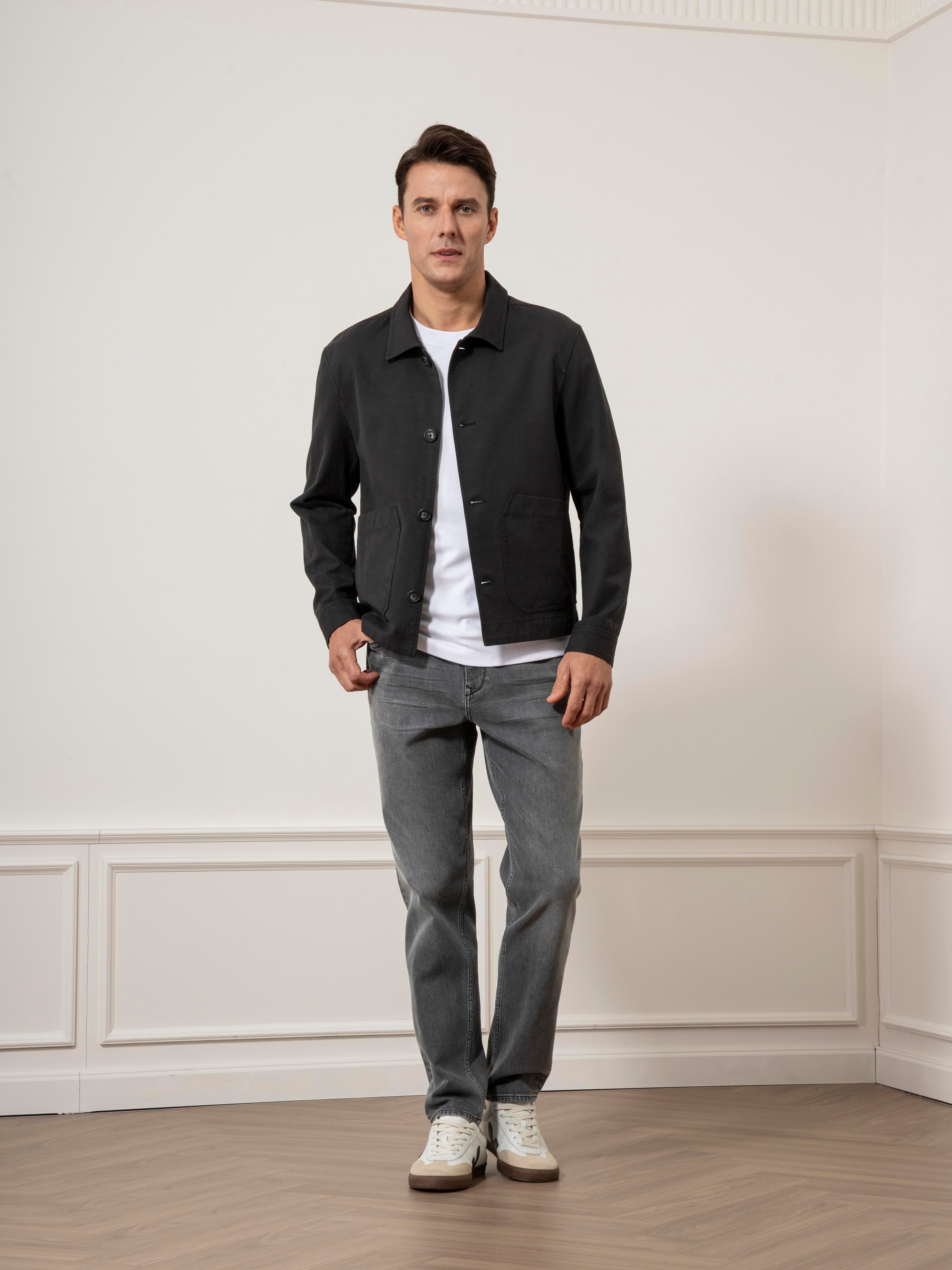 Black Hawthorn Cotton Linen Jacket Mens Mid Weight Layering Jacket Button Up Collared